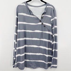 Gray Stripe Tie Dye Button Accent Long Sleeve Tee, XL